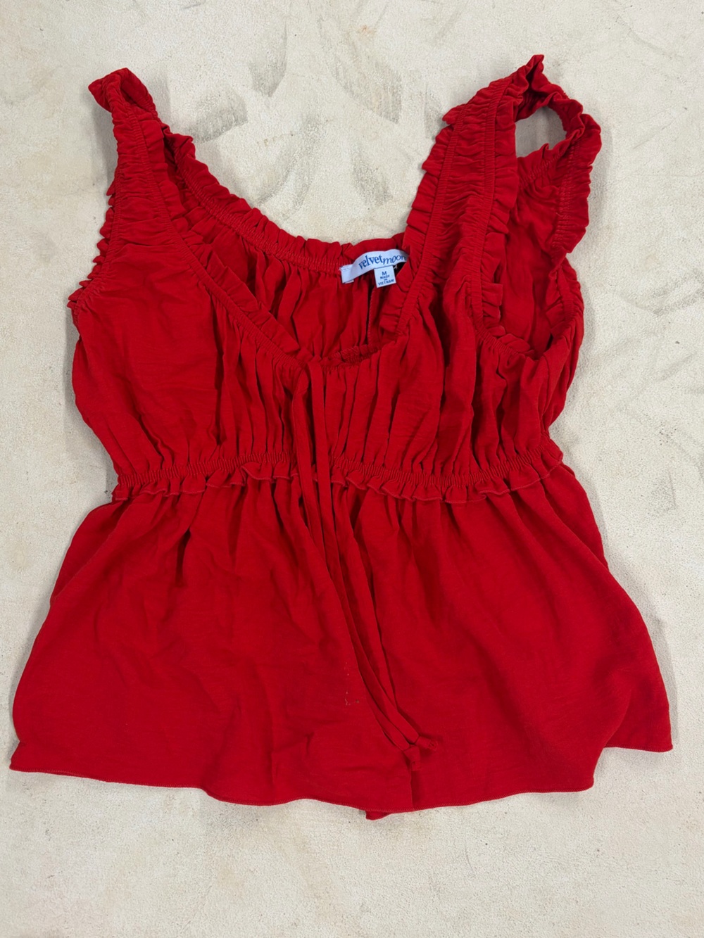 Velvet Red Ruched Ruffle-Trim Tank
